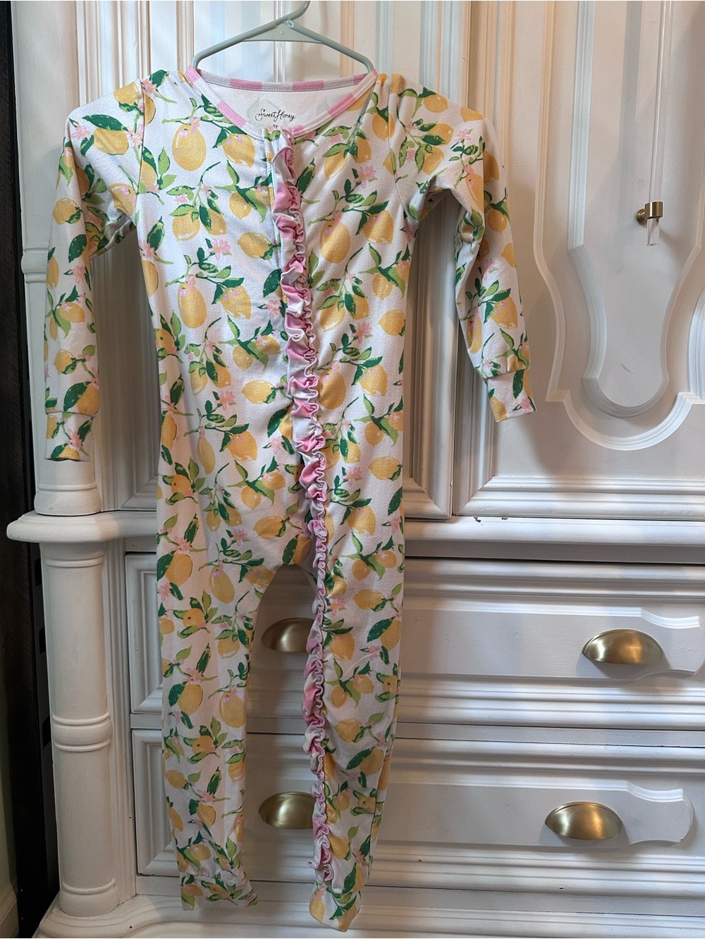 SweetHoney Lemon & Pink Ruffle Baby Romper size 5
